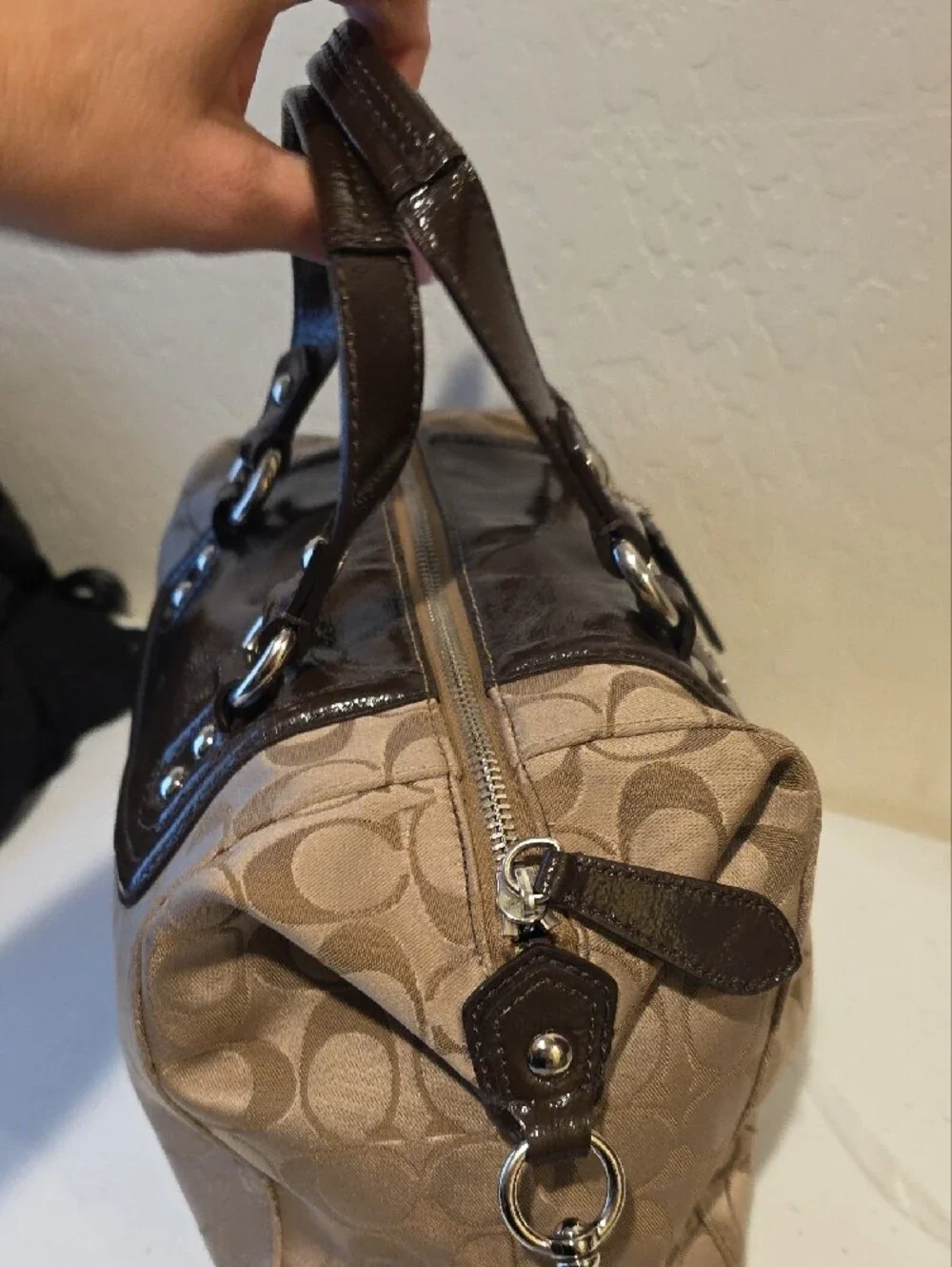 Coach Tan Signature Satchel with Dark Brown Patent Trim